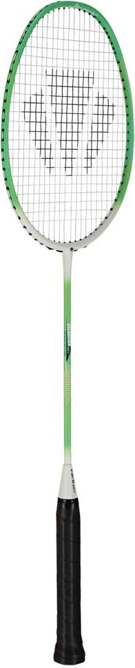 The Carlton Velocitex G2.1 G6 4U Badminton Racket by Carlton features a white and green color scheme, a black grip, and a patterned string face. Designed with a head-heavy balance for intermediate players, it is showcased against a white background.