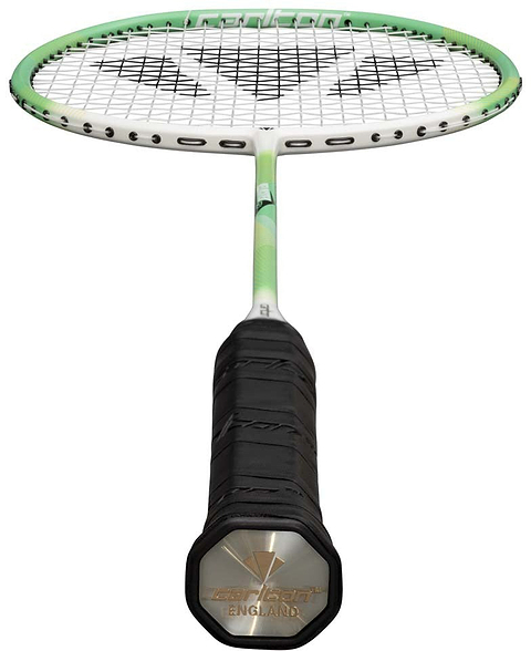 A close-up view of the Carlton Velocitex G2.1 G6 4U Badminton Racket in white and green, designed for intermediate players, featuring a black grip, a white and green shaft, and a white stringed head with a head-heavy balance, shown from the handle end.
