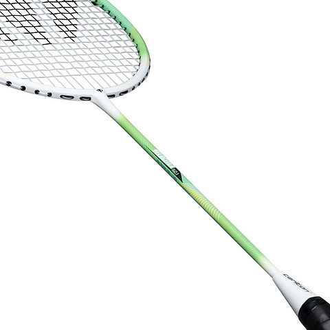 A close-up view of the Carlton Velocitex G2.1 G6 4U Badminton Racket in white and green, highlighting its head-heavy balance suited for intermediate players, with the handle, shaft, and part of the stringed head visible against a white background.