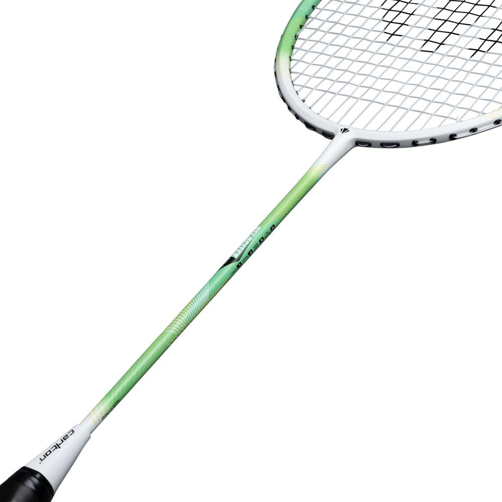 The Carlton Velocitex G2.1 G6 4U Badminton Racket by Carlton, in white and green with a black handle and head-heavy balance, is displayed diagonally on a white background.