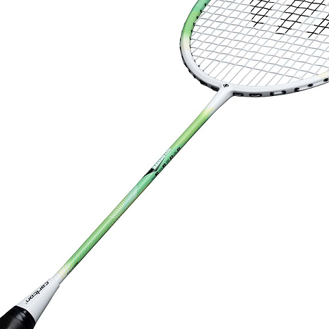 The Carlton Velocitex G2.1 G6 4U Badminton Racket by Carlton, in white and green with a black handle and head-heavy balance, is displayed diagonally on a white background.