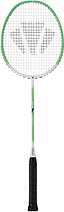 The Carlton Velocitex G2.1 G6 4U Badminton Racket by Carlton, in white and green with a black grip, is displayed vertically against a white background. Designed for intermediate players, this racket offers a head-heavy balance and features the brand’s logo pattern on the strings.