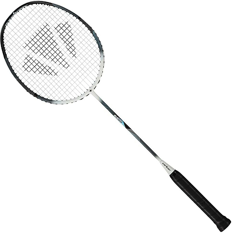 The Carlton Velocitex G2.2 G6 4U Badminton Racket by Carlton features an even balance with a sleek black and white frame, complemented by a black grip handle and white strings—perfect for intermediate players—displayed against a plain white background.