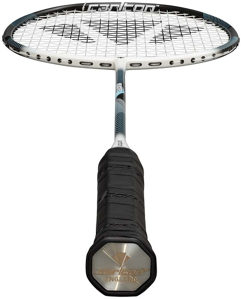 A close-up view of the Carlton Velocitex G2.2 G6 4U Badminton Racket in White/Black, featuring a black grip, white frame, and strings, photographed from the handle end looking up toward the racket head—ideal for intermediate players seeking precision and control.