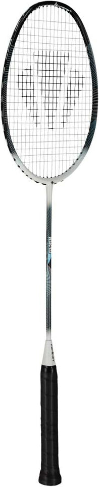 The Carlton Velocitex G2.2 G6 4U Badminton Racket by Carlton is designed for intermediate players, featuring a white and black frame with an even balance and a black grip handle, shown upright against a plain white background.