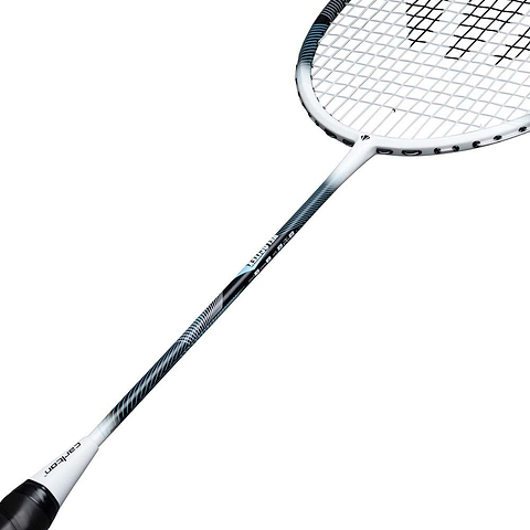A close-up image of the Carlton Velocitex G2.2 G6 4U Badminton Racket in white and black, designed by Carlton for intermediate players, showcases its handle, shaft, and strung oval head against a plain white background.