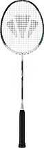 The Carlton Velocitex G2.2 G6 4U Badminton Racket in white and black features an even balance, a black grip, a silver shaft, and black and white strings with a distinctive triangular logo pattern on the string bed—making it ideal for intermediate players who want precision and control.