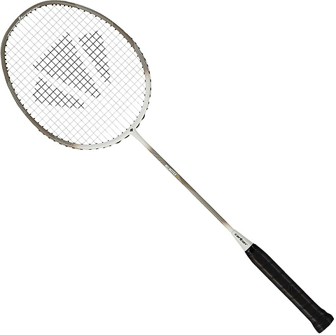 A single Carlton Velocitex G2.3 G6 4U Badminton Racket by Carlton, featuring a white and brown design with a black handle, metal shaft, and stringed oval head, is displayed on a plain white background—making it an excellent head-light balance racket for intermediate players.