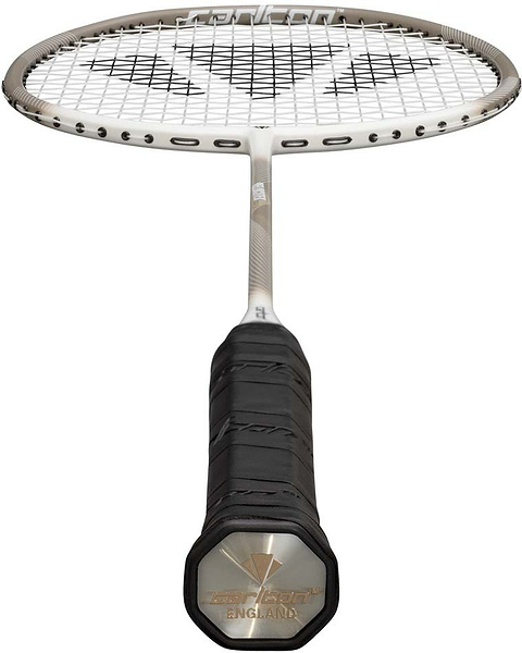 A close-up view of the Carlton Velocitex G2.3 G6 4U Badminton Racket in white and brown, featuring a black grip and white strings, is photographed from the handle toward the racket head to beautifully highlight its head-light balance—a top pick from Carlton for intermediate badminton players.