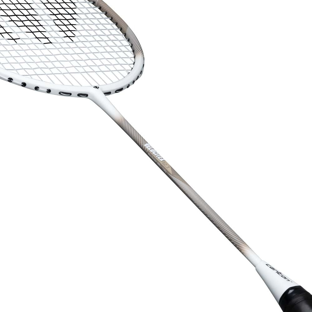 A close-up of the Carlton Velocitex G2.3 G6 4U Badminton Racket in white and brown, highlighting its black grip, visible strings, partial frame, and shaft against a white background. This intermediate racket by Carlton features a head-light balance for improved control.