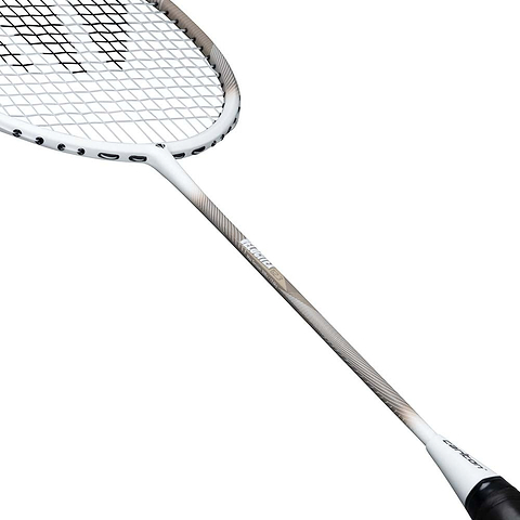 A close-up of the Carlton Velocitex G2.3 G6 4U Badminton Racket in white and brown, highlighting its black grip, visible strings, partial frame, and shaft against a white background. This intermediate racket by Carlton features a head-light balance for improved control.