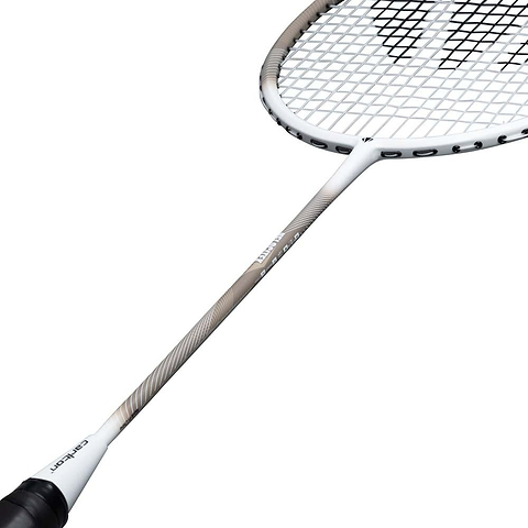 A close-up of the Carlton Velocitex G2.3 G6 4U Badminton Racket in white and brown, featuring the handle, shaft, and part of its strung oval head, all set against a plain white background.