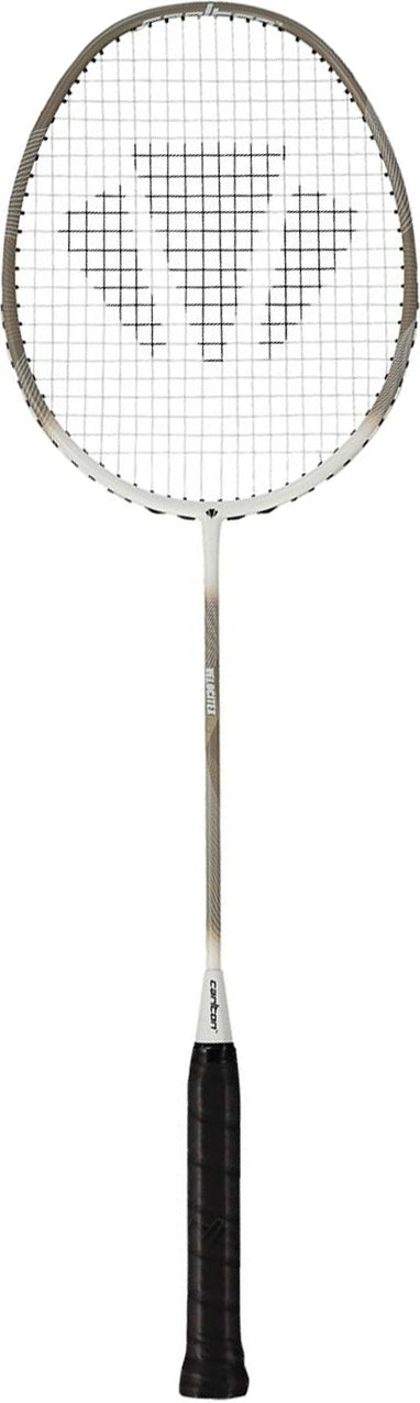 The Carlton Velocitex G2.3 G6 4U Badminton Racket by Carlton features a head-light balance, a brown grip, a sleek white shaft, and an oval head with a distinctive geometric string pattern—perfect for players who value speed and precision on the court.