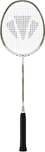 The Carlton Velocitex G2.3 G6 4U Badminton Racket by Carlton features a head-light balance, a brown grip, a sleek white shaft, and an oval head with a distinctive geometric string pattern—perfect for players who value speed and precision on the court.