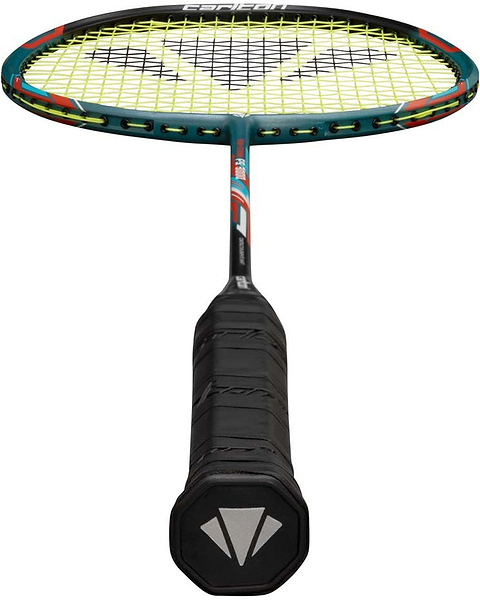 A close-up view of the Carlton Tru-Storm FS 3000 G6 2U Badminton Racket by Carlton, featuring a black grip handle prominently in the foreground and a teal and black frame with yellow strings and a white pattern showcased in the background.