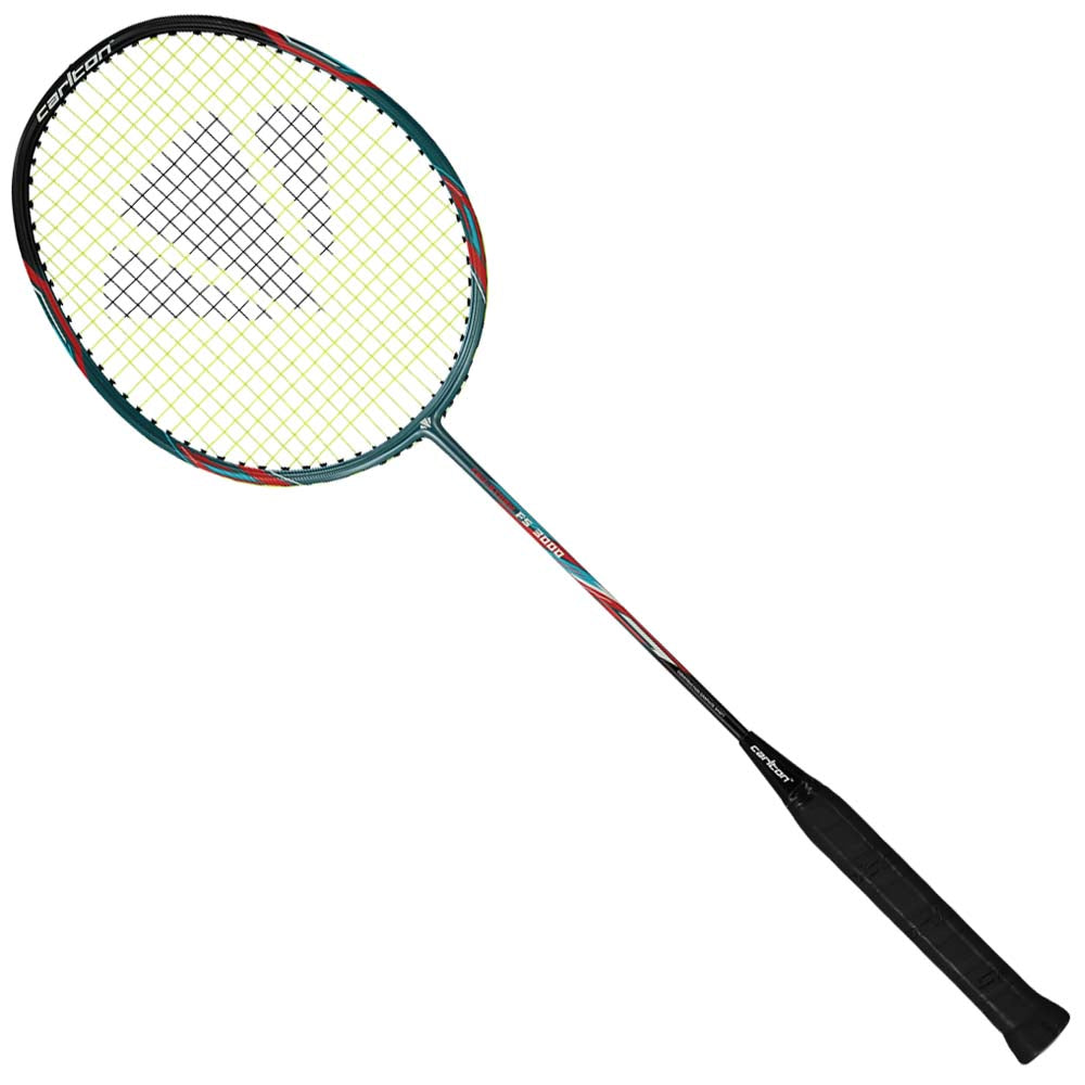 The Carlton Tru-Storm FS 3000 G6 2U Badminton Racket by Carlton showcases a teal and black color scheme, a comfortable grip, and a sleek design. Built for durability, this racket is an excellent choice for beginners who want both style and performance on the court.