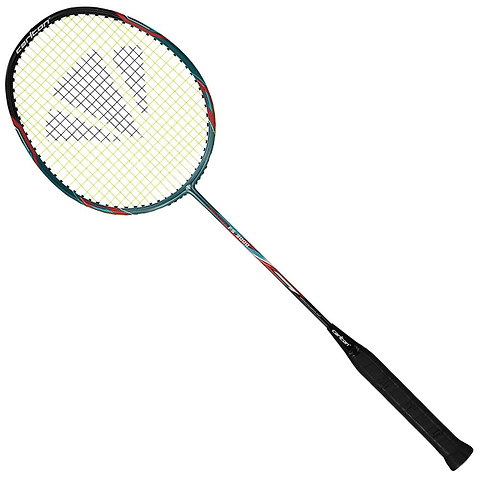 The Carlton Tru-Storm FS 3000 G6 2U Badminton Racket by Carlton showcases a teal and black color scheme, a comfortable grip, and a sleek design. Built for durability, this racket is an excellent choice for beginners who want both style and performance on the court.