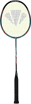 The Carlton Tru-Storm FS 3000 G6 2U Badminton Racket in teal and black, crafted by Carlton, features a full-length design and is ideal for beginners.