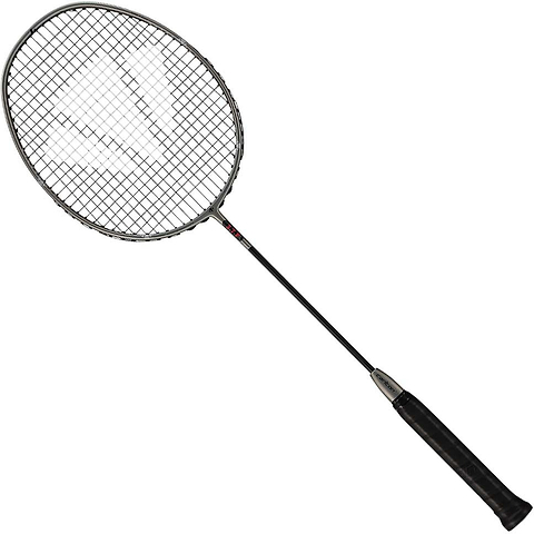 A single Carlton 3.7P G6 4U Badminton Racket in grey, featuring a black handle and mesh netting head, isolated on a white background.