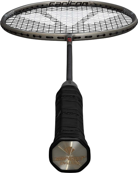 A close-up of the Carlton 3.7P G6 4U Badminton Racket in grey highlights its strings, shaft, and branded handle with “England” on the end cap. This head-heavy racket from Carlton features a power frame designed to enhance shot strength and control.
