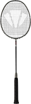 A Carlton 3.7P G6 4U Badminton Racket in grey, featuring a grid of strings, a long thin shaft, and a black grip handle, is displayed on a white background and showcases its power frame design as a head-heavy badminton racket.