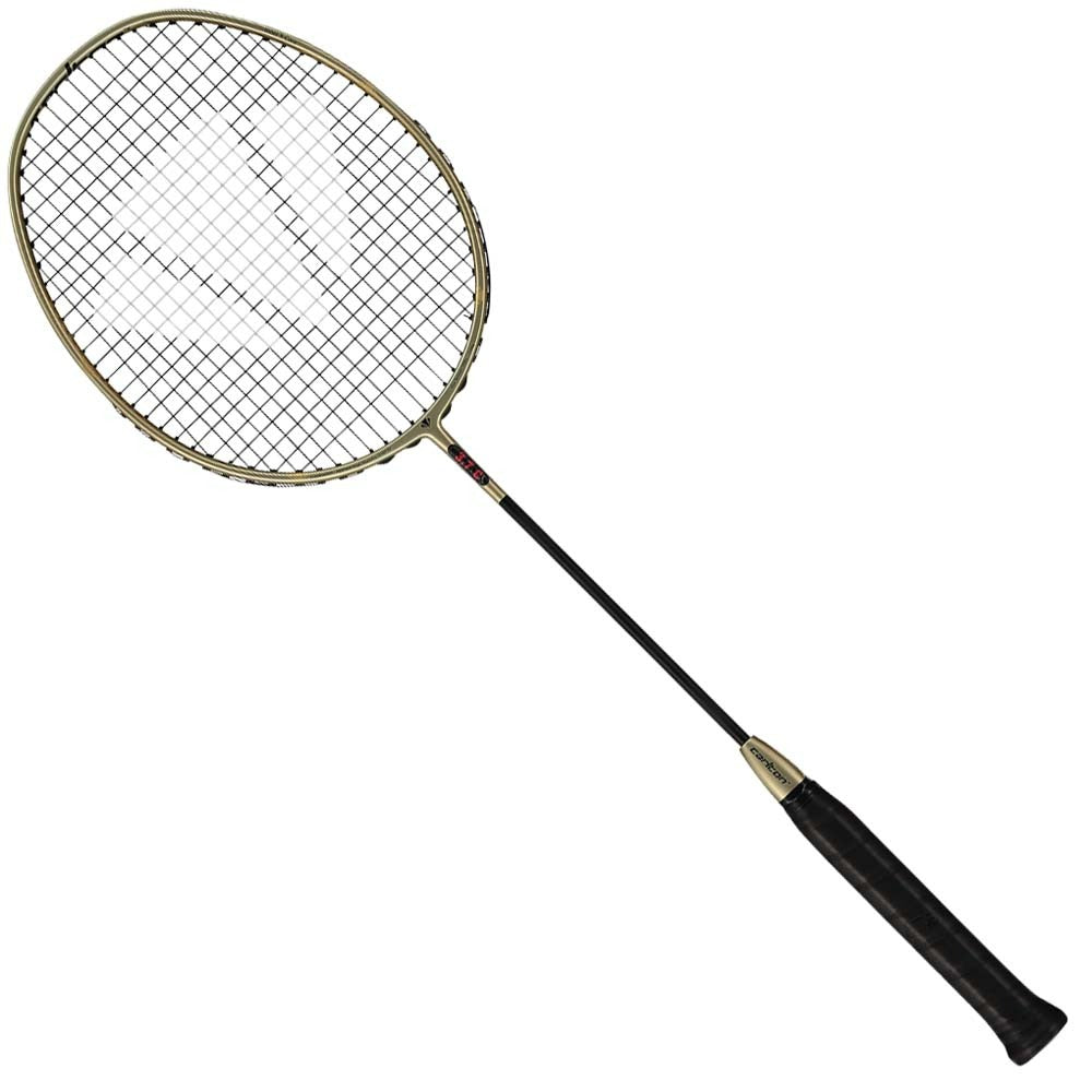 A black and gold Carlton 3.7C G6 4U Badminton Racket with a mesh string face and a black grip handle, displayed on a white background. This Carlton racket is designed for players who prioritize control and precision in their game.