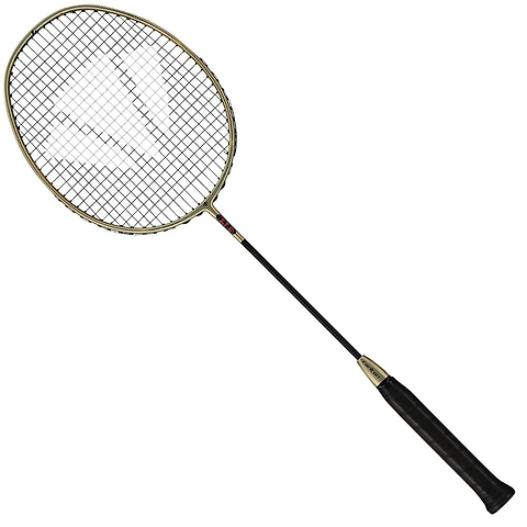A black and gold Carlton 3.7C G6 4U Badminton Racket with a mesh string face and a black grip handle, displayed on a white background. This Carlton racket is designed for players who prioritize control and precision in their game.