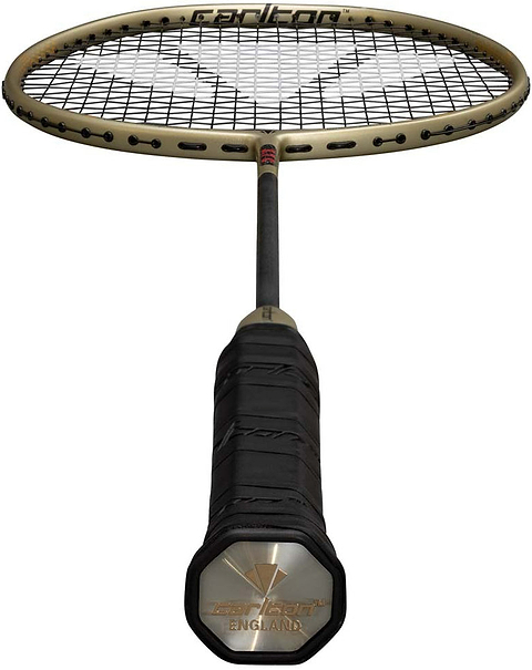 A close-up view of the Carlton 3.7C G6 4U Badminton Racket - Gold highlights its control-focused design with an oval stringed head, extended shaft, and a black grip featuring the Carlton logo on the end cap—ideal for advanced players aiming for precision and top performance.