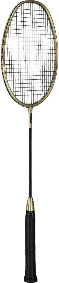 Designed for advanced players, the Carlton 3.7C G6 4U Badminton Racket in gold features a control-focused design with a black grip, slender shaft, and oval-shaped stringed head, showcased against a plain white background.