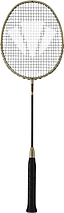 The Carlton 3.7C G6 4U Badminton Racket - Gold by Carlton features a black handle, a slim black shaft, and a striking gold frame bordering the string netting—making this control-oriented racket ideal for advanced players who prioritize precision and high-level performance.