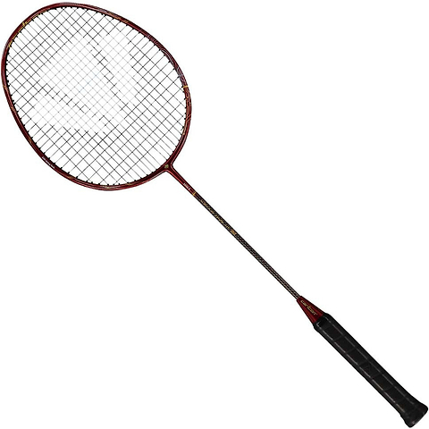 A single Carlton Vapour Trail HT 86 G6 3U Badminton Racket in red by Carlton, featuring a head-heavy balance, black grip, and white string netting is displayed against a white background.