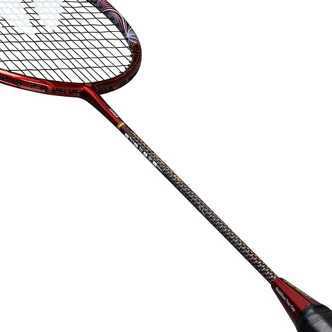 A Carlton Vapour Trail HT 86 G6 3U Badminton Racket in red from Carlton, featuring black strings, is displayed against a white background. The racket is angled diagonally with the handle positioned at the bottom right and the head at the top left, emphasizing its distinctive head-heavy balance.