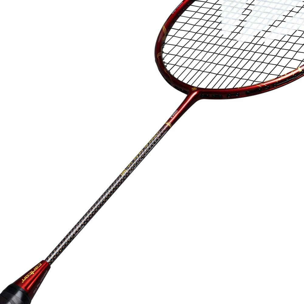 A Carlton Vapour Trail HT 86 G6 3U Badminton Racket in red and black, featuring a thin shaft, mesh-stringed oval head, and a head-heavy balance, is displayed against a white background.