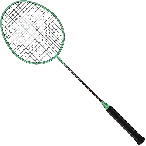 The Carlton Vapour Trail HT 82 G6 4U Badminton Racket in green, featuring a black grip, a strung oval head, and a slender shaft, is displayed against a white background—perfect for advanced players pursuing exceptional precision and control.