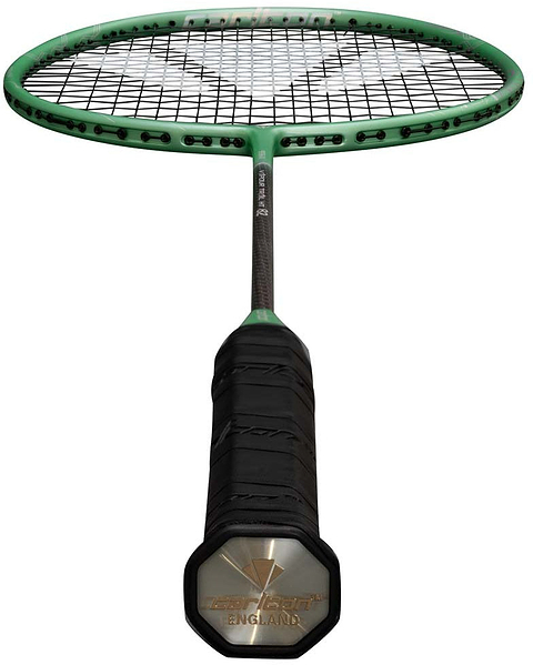 A green Carlton Vapour Trail HT 82 G6 4U badminton racket by Carlton is displayed from the handle end, showcasing its black and green design, oval head with visible strings, and a branded logo on the grip base—ideal for advanced players who prioritize precision and control.