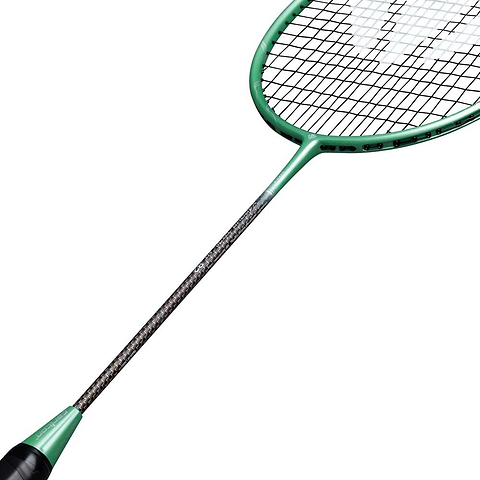 A close-up of a Carlton Vapour Trail HT 82 G6 4U Badminton Racket in green, made by Carlton for advanced players, featuring the handle, shaft, and stringed oval head set against a white background.