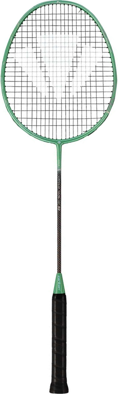 The Carlton Vapour Trail HT 82 G6 4U Badminton Racket in green and black, featuring a black grip, stands upright against a white background—a top choice from Carlton for advanced players who value precision and control.