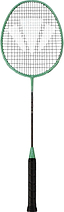 The Carlton Vapour Trail HT 82 G6 4U Badminton Racket in green and black, featuring a black grip, stands upright against a white background—a top choice from Carlton for advanced players who value precision and control.