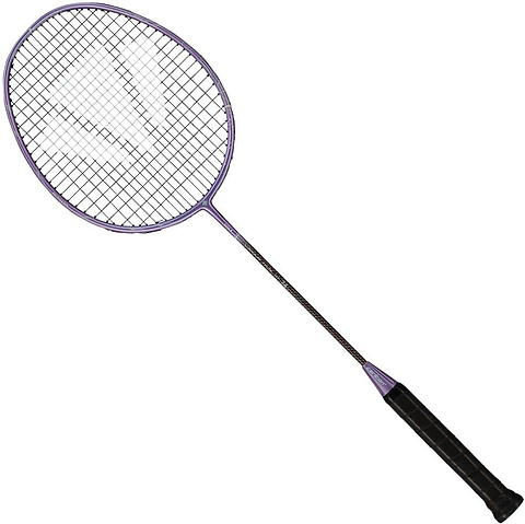 The Carlton Vapour Trail HT 74 G6 6U Badminton Racket in purple, designed for advanced players, features a black handle, a slim shaft, and an oval-shaped mesh-strung head, shown against a white background.