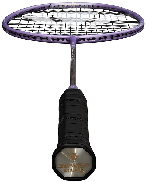 Introducing the Carlton Vapour Trail HT 74 G6 6U Badminton Racket in purple by Carlton—an ultra-light racket designed for advanced players. It features a vibrant purple frame, black strings, and a black grip. The end cap is accented with gold markings and the word “England.” The image showcases the racket from handle to head.