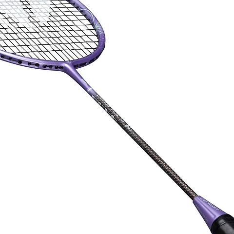 A close-up of the Carlton Vapour Trail HT 74 G6 6U Badminton Racket in purple by Carlton, an ultra-lightweight racket preferred by advanced players, displaying its purple frame, black grip, and tightly strung netting against a white background.