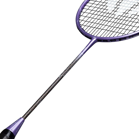 A close-up of the Carlton Vapour Trail HT 74 G6 6U Badminton Racket in purple by Carlton, an ultra-light racket crafted for advanced players, highlighting its handle, shaft, and a portion of its stringed head against a white background.