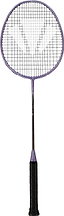 A Carlton Vapour Trail HT 74 G6 6U Badminton Racket in purple, featuring a black grip, fine mesh net, and slim shaft, is displayed against a white background—an ultra-lightweight racket from Carlton designed for advanced players.