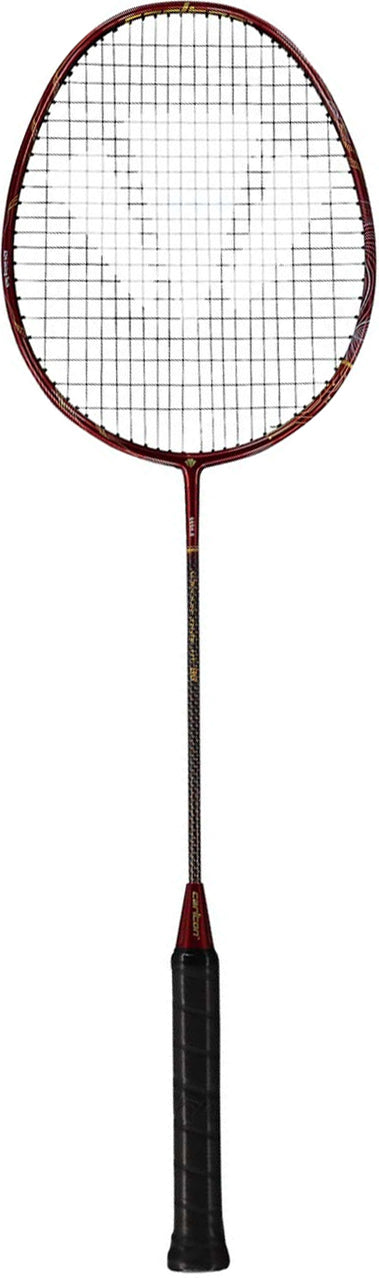 A Carlton Vapour Trail HT 86 G6 3U Badminton Racket in red, featuring a slim shaft, an oval-shaped stringed head with a head-heavy balance, and a black grip, is shown against a white background.