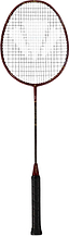 A Carlton Vapour Trail HT 86 G6 3U Badminton Racket in red, featuring a slim shaft, an oval-shaped stringed head with a head-heavy balance, and a black grip, is shown against a white background.