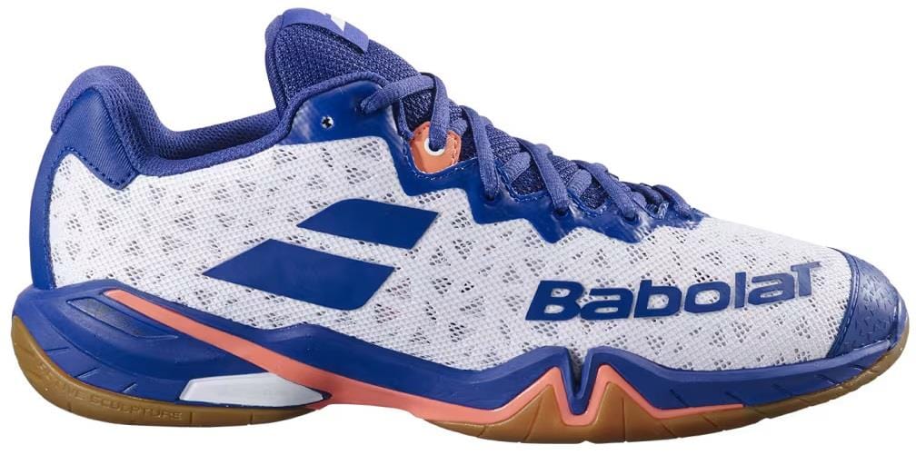 The Babolat Shadow 4 Men's Badminton Shoes in White/Blue/Navy feature a stylish white mesh upper with blue accents and branding, plus a durable brown sole—perfect for on-court performance.