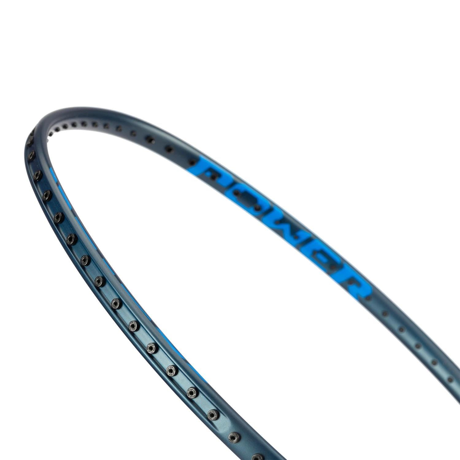 A close-up of the blue frame of the Li-Ning Axforce 10 5U Badminton Racket - Indigo (Unstrung) shows string holes and bold blue "POWER" on the rim against a white background, emphasizing its head-heavy balance.