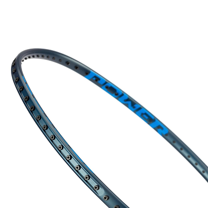 A close-up of the blue frame of the Li-Ning Axforce 10 5U Badminton Racket - Indigo (Unstrung) shows string holes and bold blue "POWER" on the rim against a white background, emphasizing its head-heavy balance.