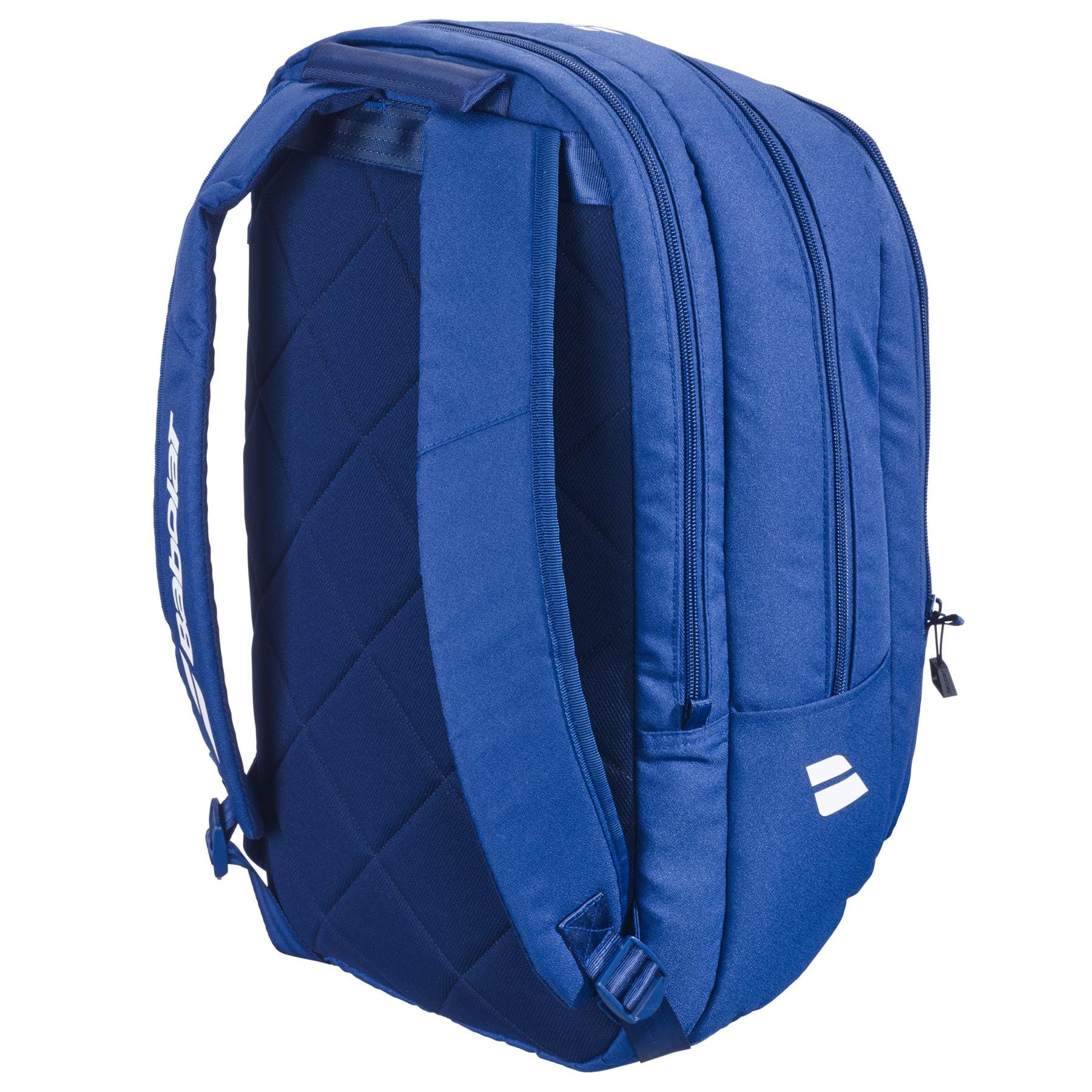 The Babolat Court Hero Badminton Backpack - Dark Blue by Babolat features quilted back padding, multiple zippered compartments, adjustable shoulder straps, and a small white geometric logo on the lower right corner.