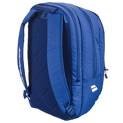 The Babolat Court Hero Badminton Backpack - Dark Blue by Babolat features quilted back padding, multiple zippered compartments, adjustable shoulder straps, and a small white geometric logo on the lower right corner.